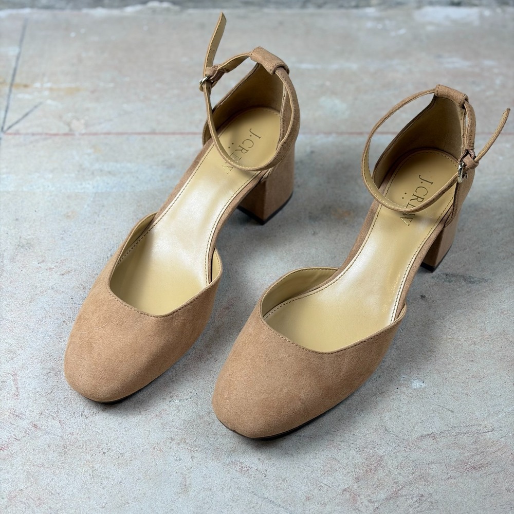 J.Crew Women's Pump 7.5 Beige Suede Round Toe Ankle Strap Comfort Block Heel
